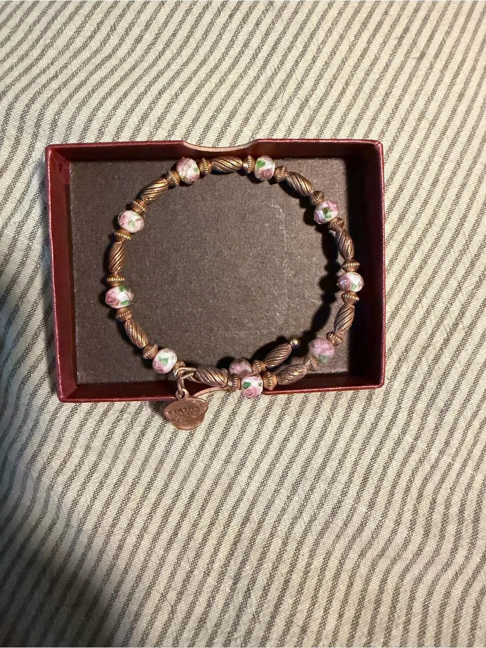 Alex & Ani Pink Floral Cloisonné Bead Bracelet with Antique Gold Accents